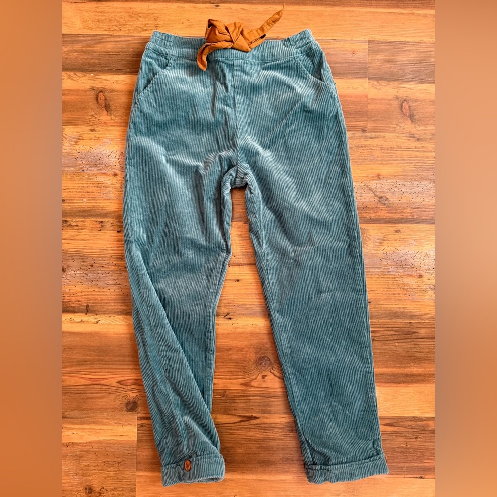 Finding Foxtale- Teal Corduroy Pants with tied bow and button accents NWOT